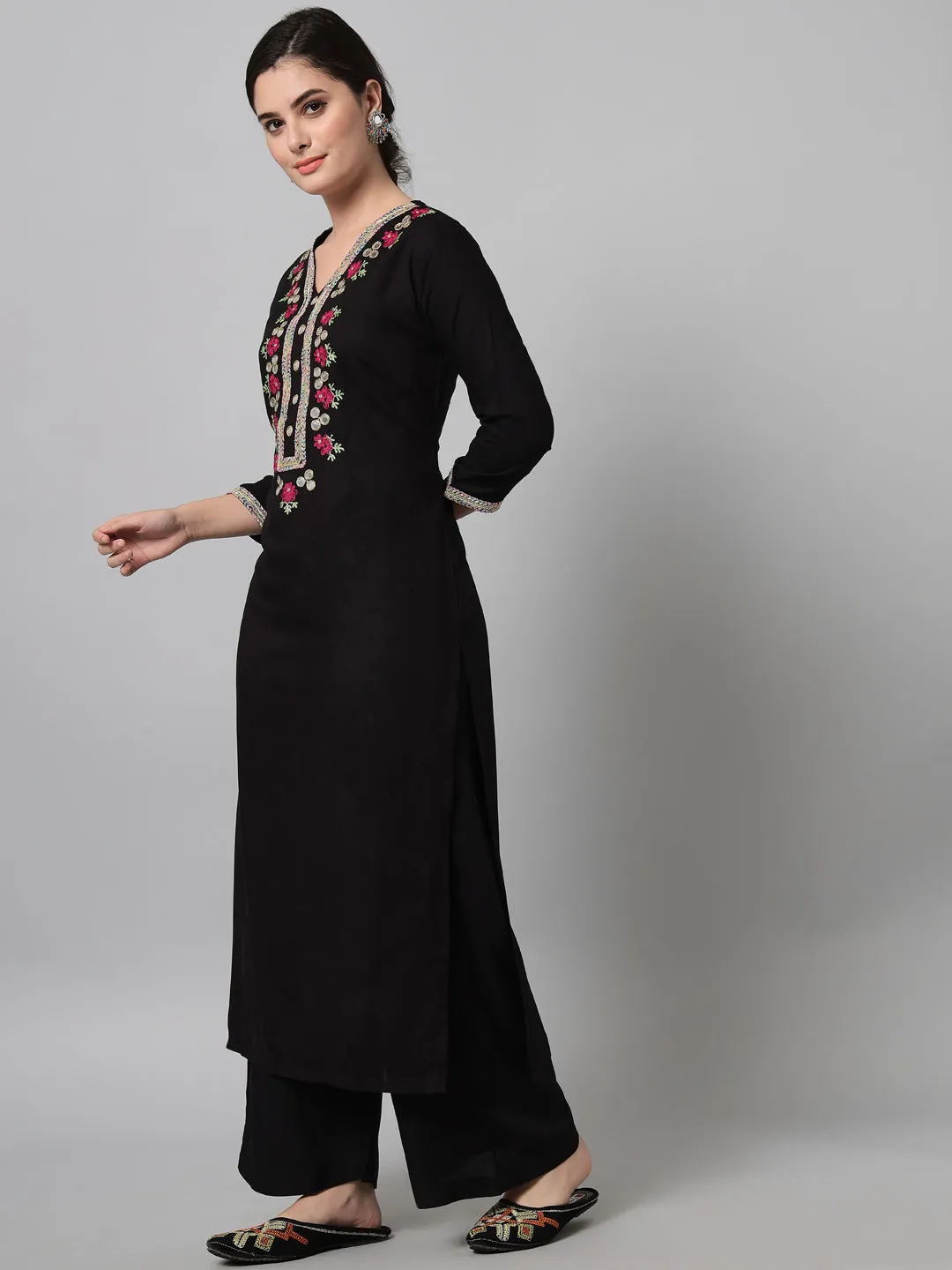 Women Embroidered Black Kurta Palazzo Set