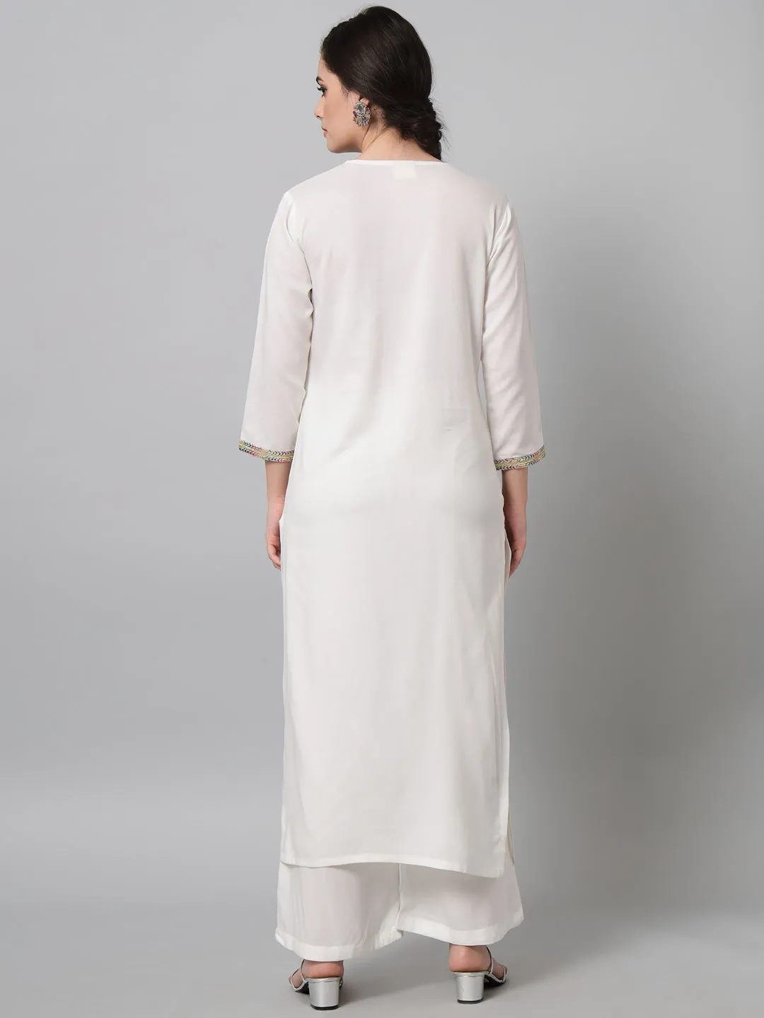 Women Embroidered White Kurta Palazzo Set