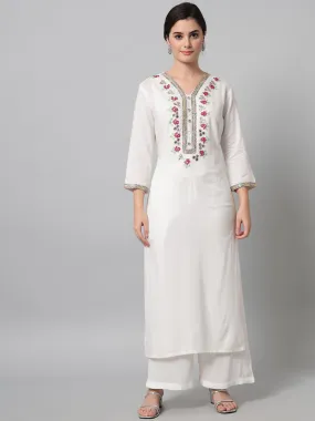 Women Embroidered White Kurta Palazzo Set