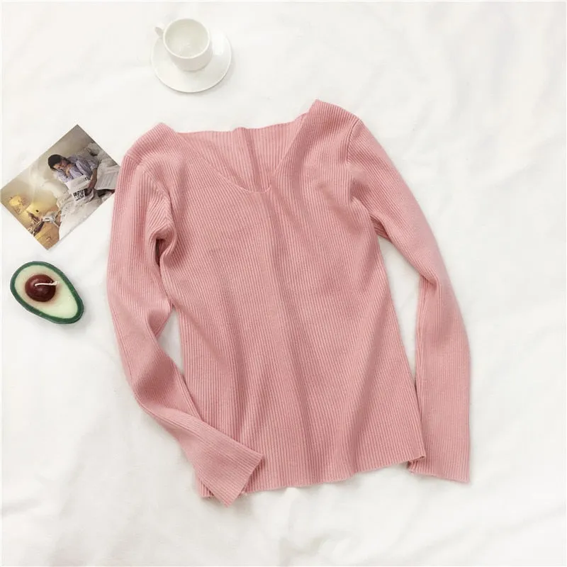 Women Sweater Autumn Long Sleeve Pullover Basic Top Fashion V-neck Elastic Female Winter Solid Knitted Jumper