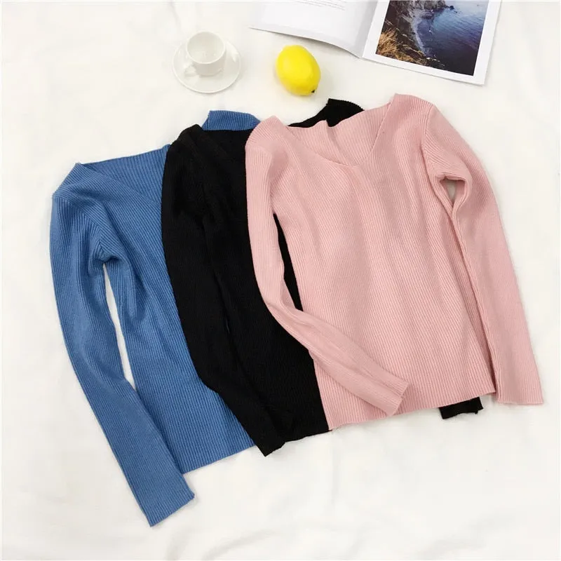 Women Sweater Autumn Long Sleeve Pullover Basic Top Fashion V-neck Elastic Female Winter Solid Knitted Jumper