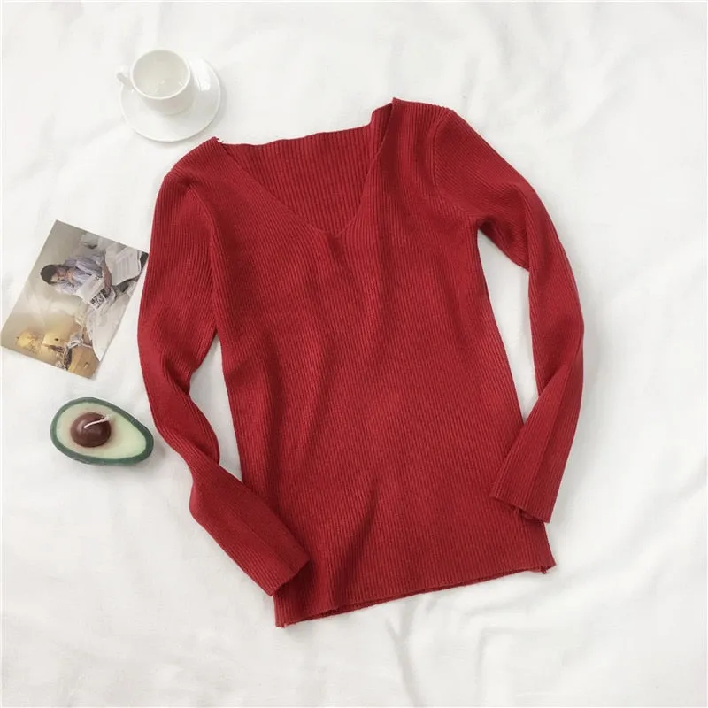 Women Sweater Autumn Long Sleeve Pullover Basic Top Fashion V-neck Elastic Female Winter Solid Knitted Jumper