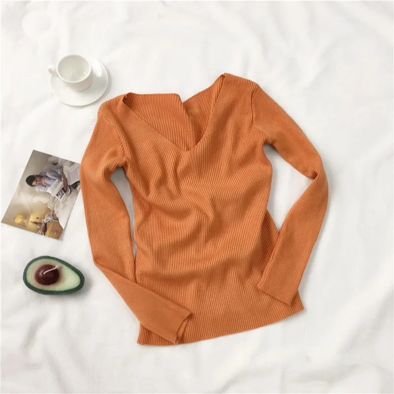 Women Sweater Autumn Long Sleeve Pullover Basic Top Fashion V-neck Elastic Female Winter Solid Knitted Jumper