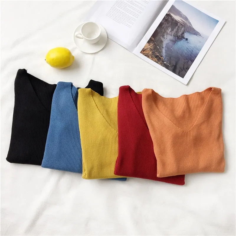 Women Sweater Autumn Long Sleeve Pullover Basic Top Fashion V-neck Elastic Female Winter Solid Knitted Jumper