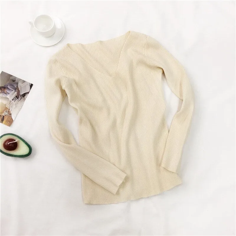 Women Sweater Autumn Long Sleeve Pullover Basic Top Fashion V-neck Elastic Female Winter Solid Knitted Jumper