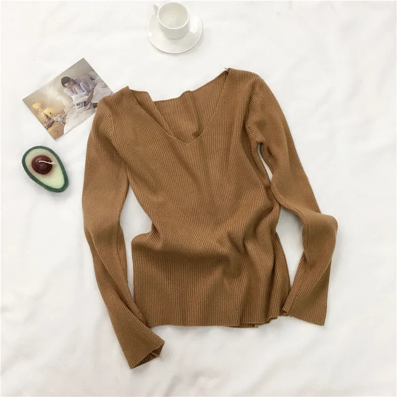 Women Sweater Autumn Long Sleeve Pullover Basic Top Fashion V-neck Elastic Female Winter Solid Knitted Jumper