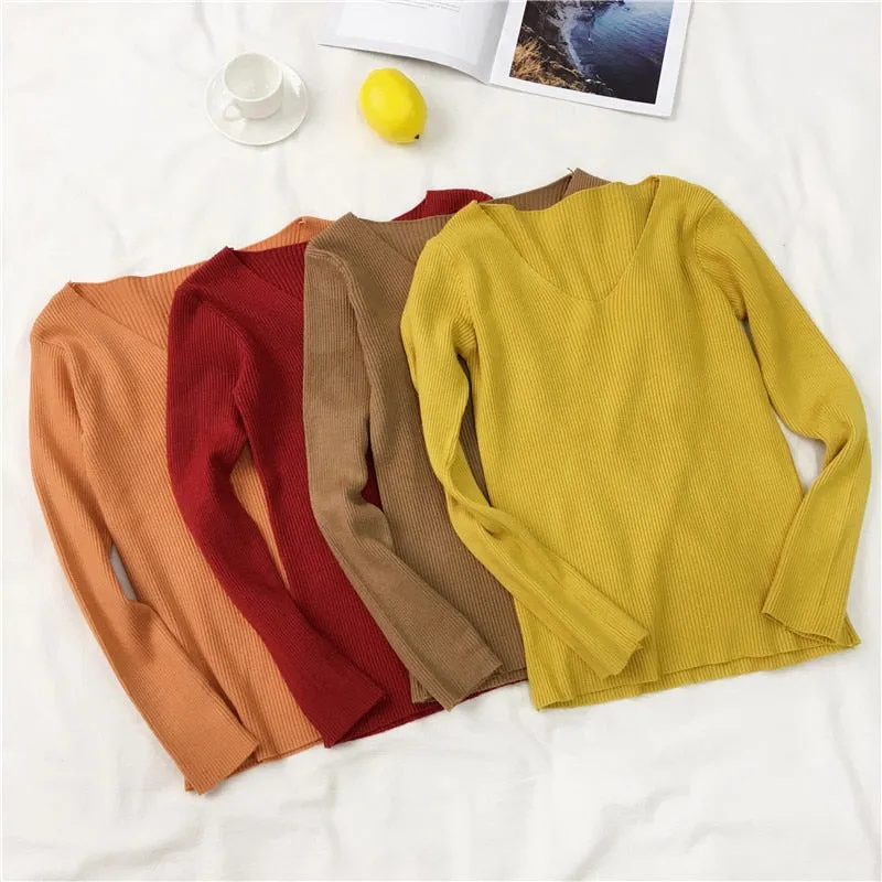 Women Sweater Autumn Long Sleeve Pullover Basic Top Fashion V-neck Elastic Female Winter Solid Knitted Jumper