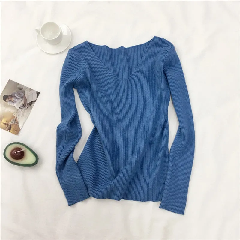 Women Sweater Autumn Long Sleeve Pullover Basic Top Fashion V-neck Elastic Female Winter Solid Knitted Jumper