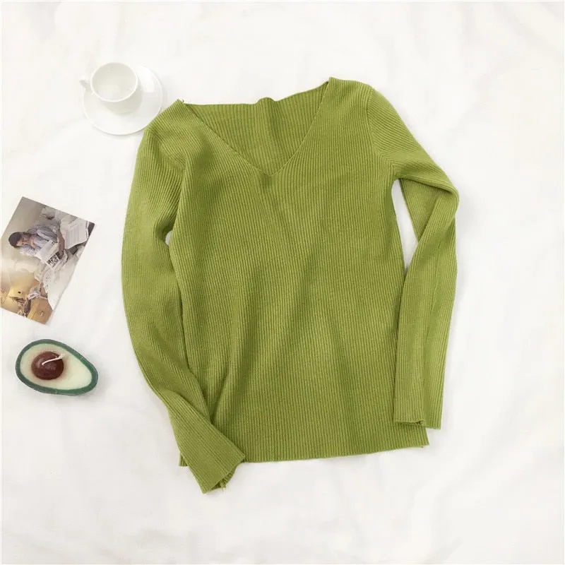 Women Sweater Autumn Long Sleeve Pullover Basic Top Fashion V-neck Elastic Female Winter Solid Knitted Jumper