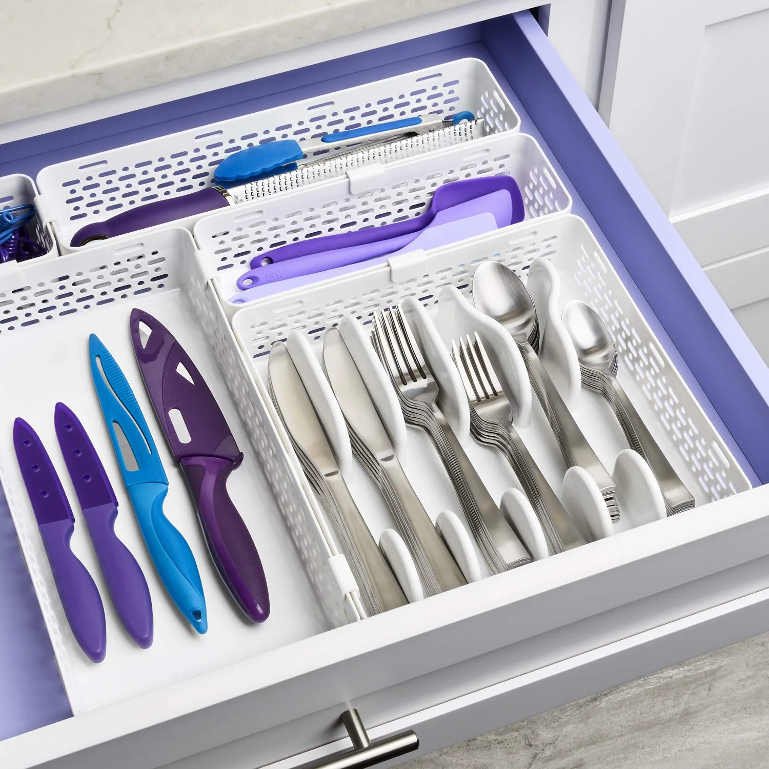 YouCopia LinkedBin Utensil and Silverware Drawer Organizer, White, 2-Piece Set