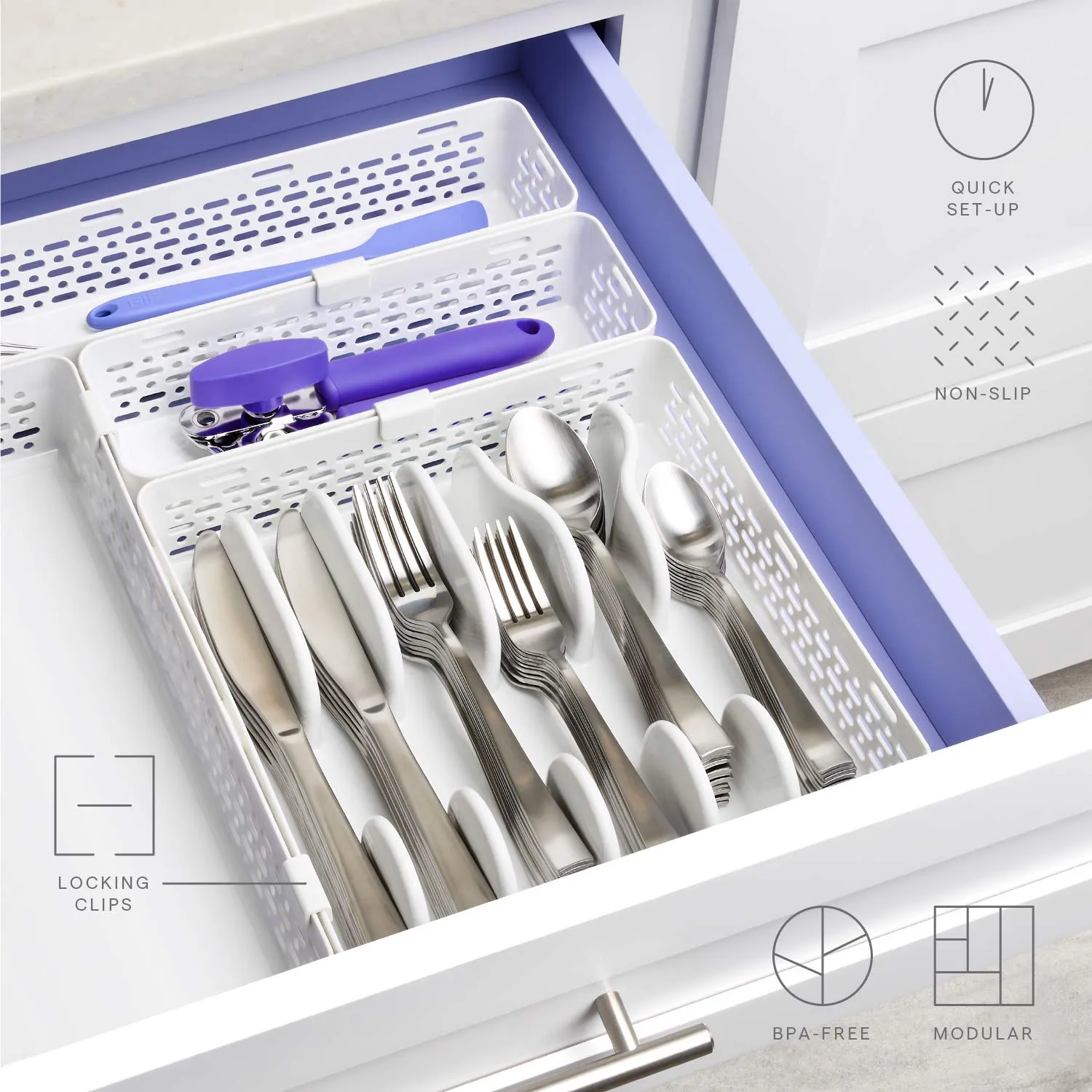 YouCopia LinkedBin Utensil and Silverware Drawer Organizer, White, 2-Piece Set