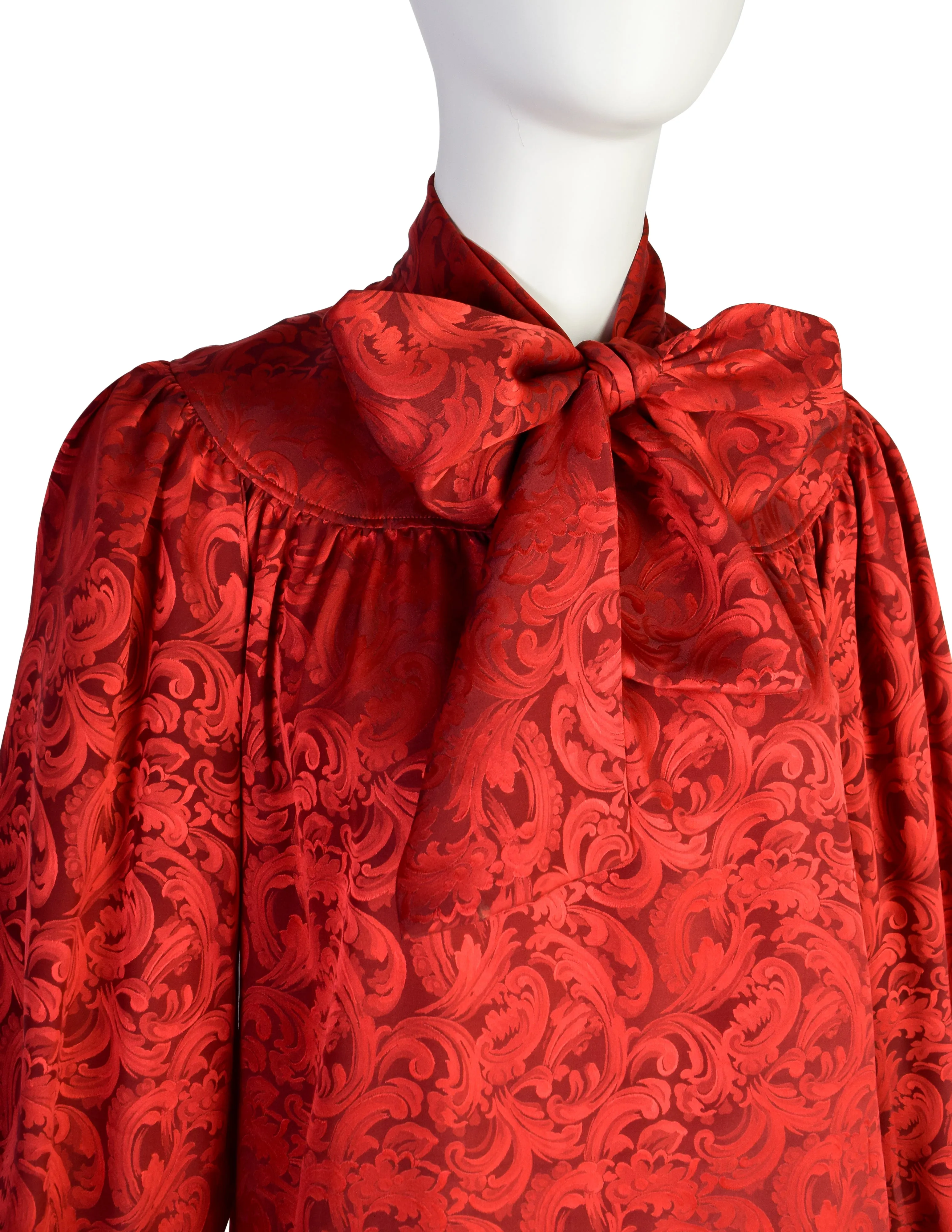 Yves Saint Laurent Vintage Red Baroque Jacquard Silk Lavalliere Bow Top