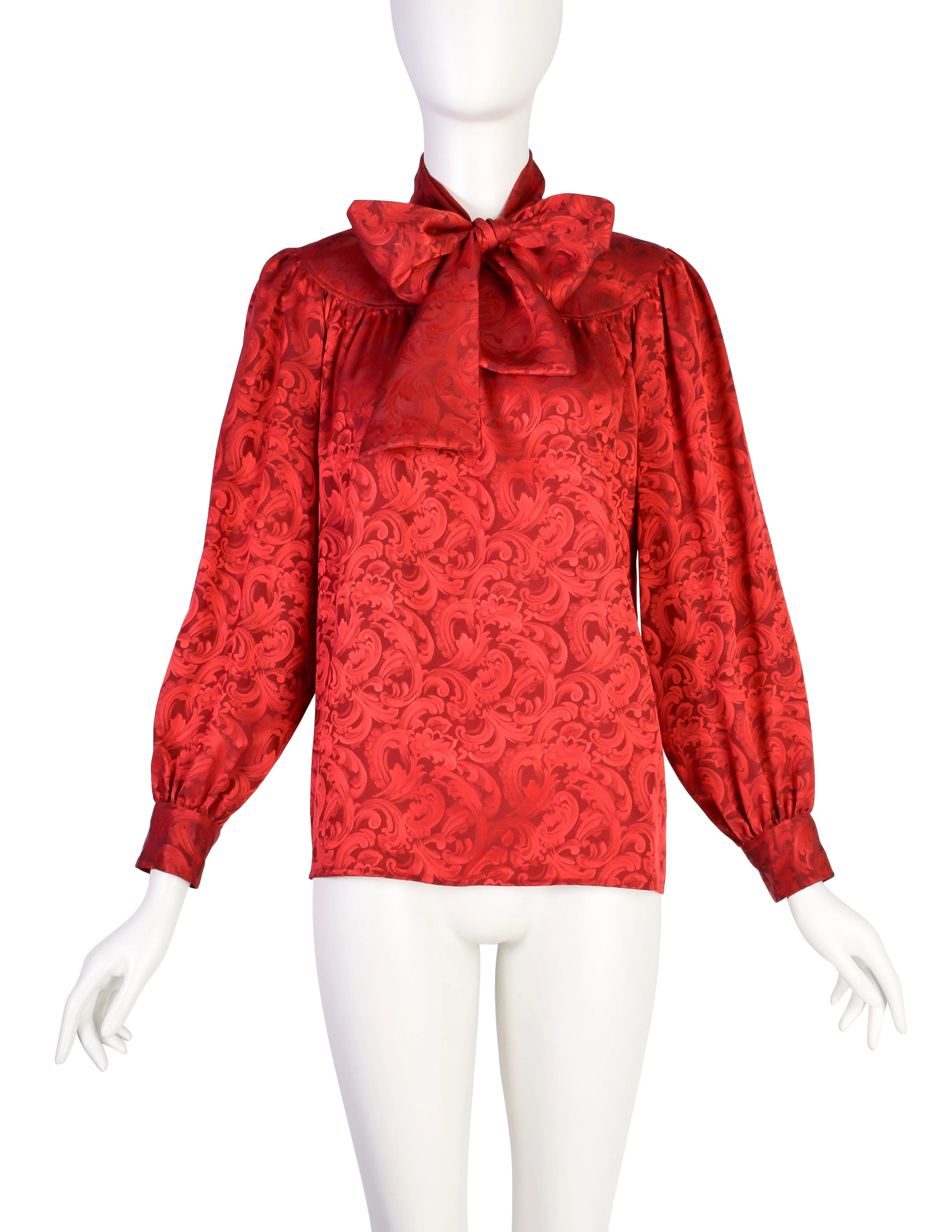 Yves Saint Laurent Vintage Red Baroque Jacquard Silk Lavalliere Bow Top