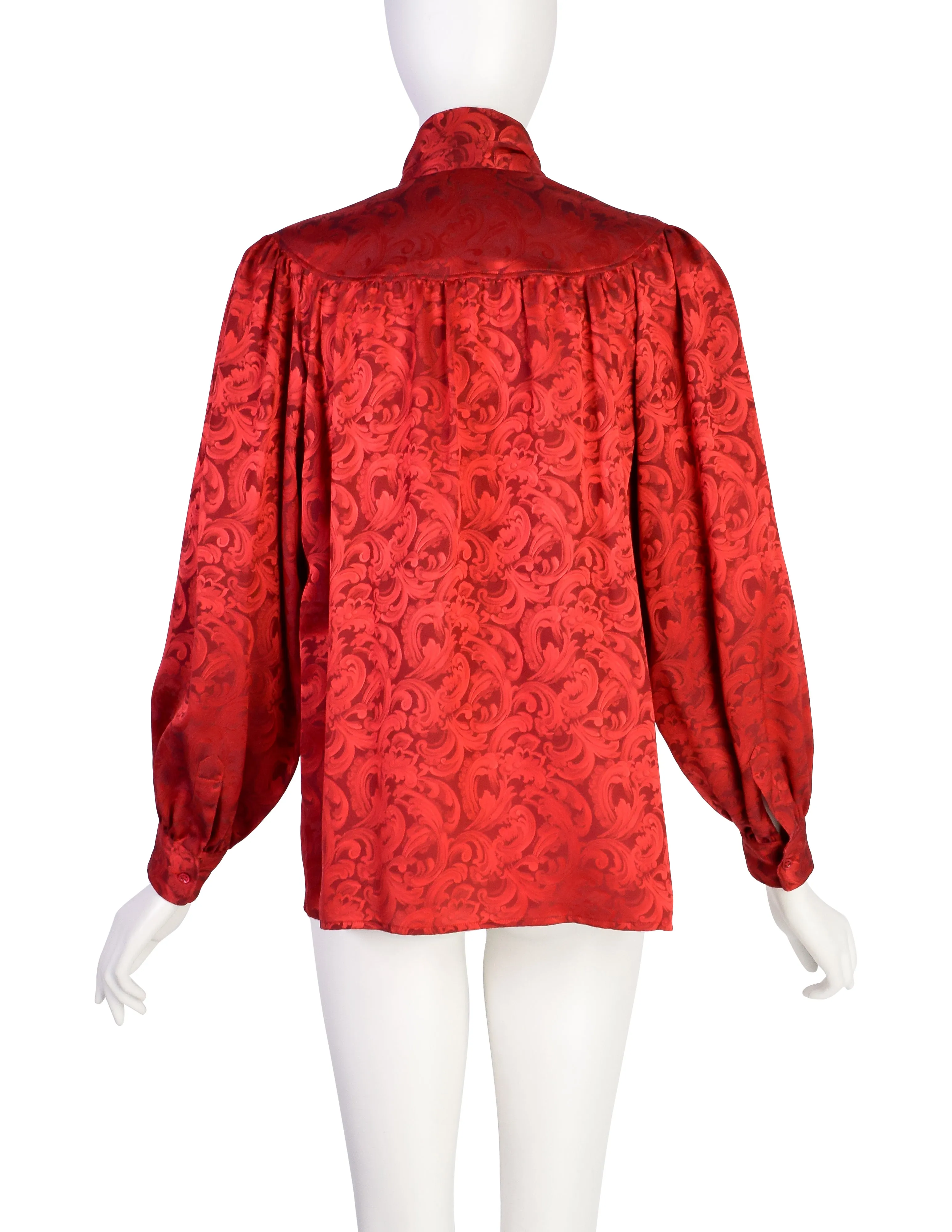 Yves Saint Laurent Vintage Red Baroque Jacquard Silk Lavalliere Bow Top