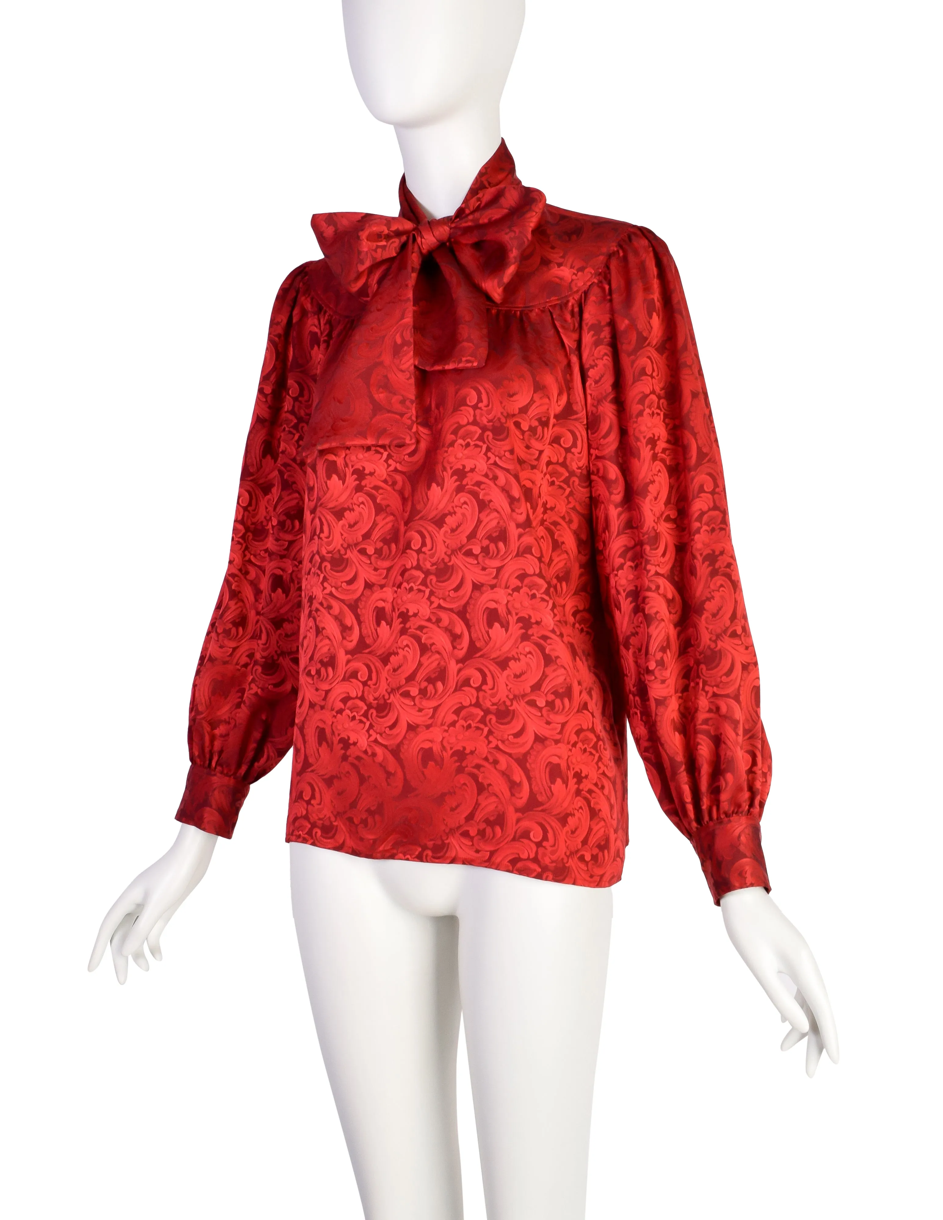 Yves Saint Laurent Vintage Red Baroque Jacquard Silk Lavalliere Bow Top