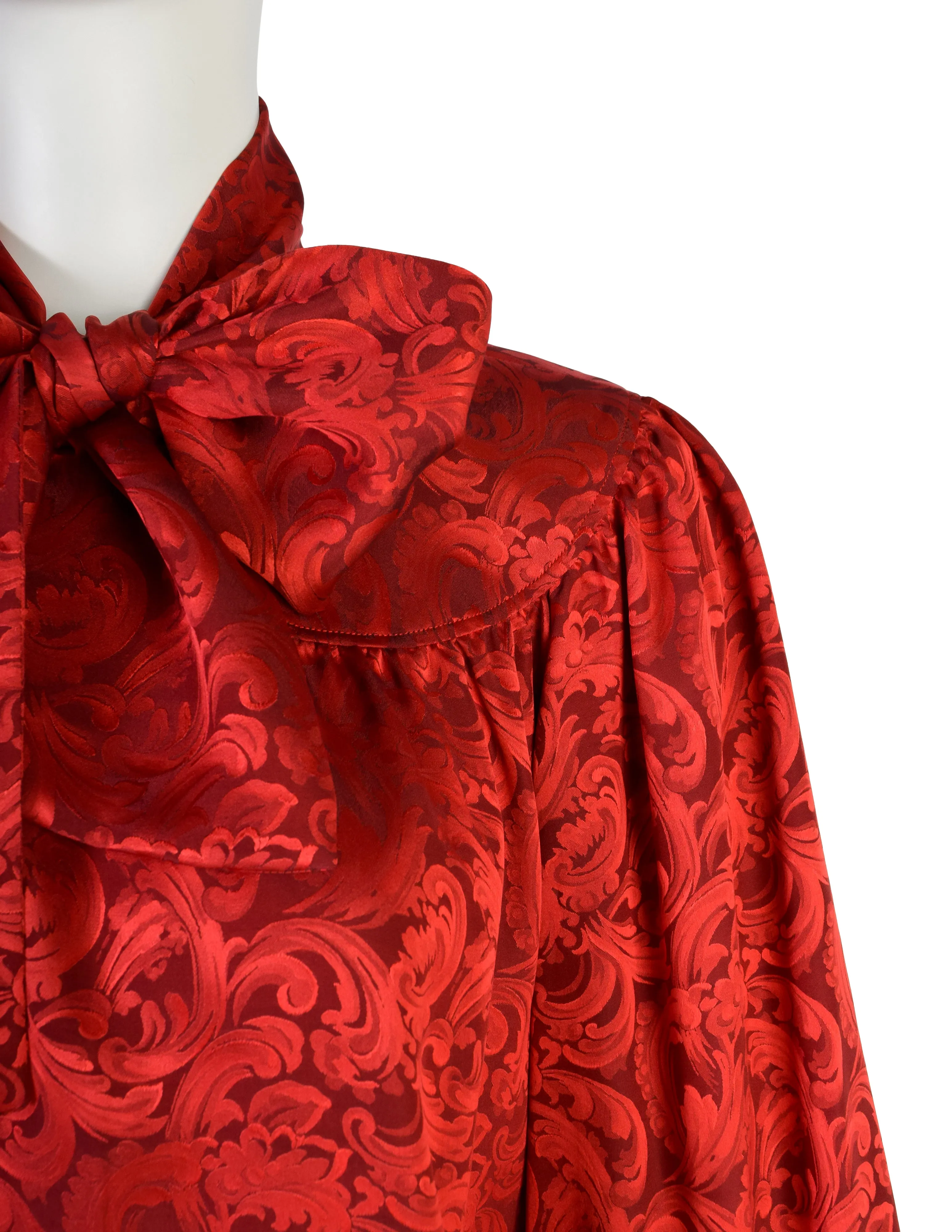 Yves Saint Laurent Vintage Red Baroque Jacquard Silk Lavalliere Bow Top