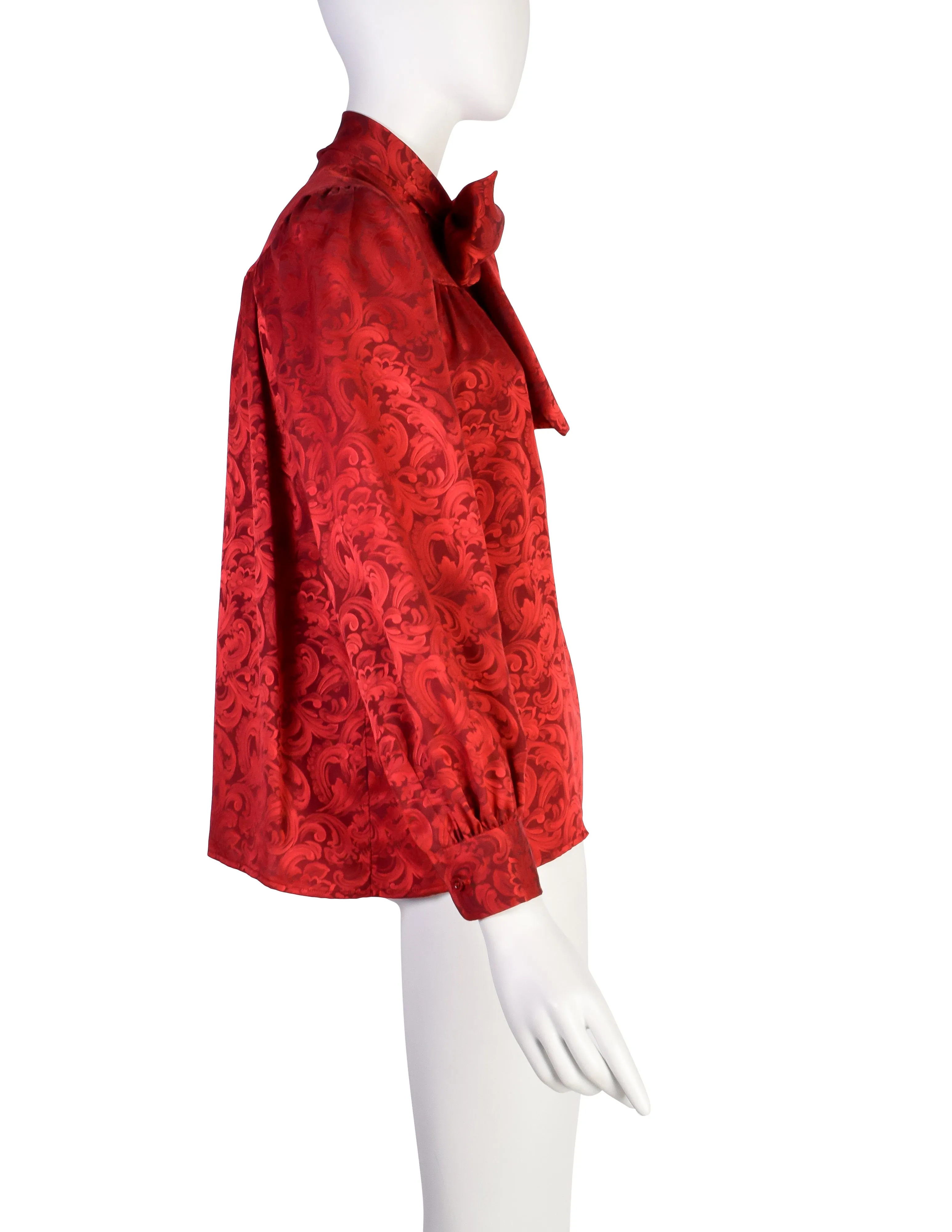 Yves Saint Laurent Vintage Red Baroque Jacquard Silk Lavalliere Bow Top