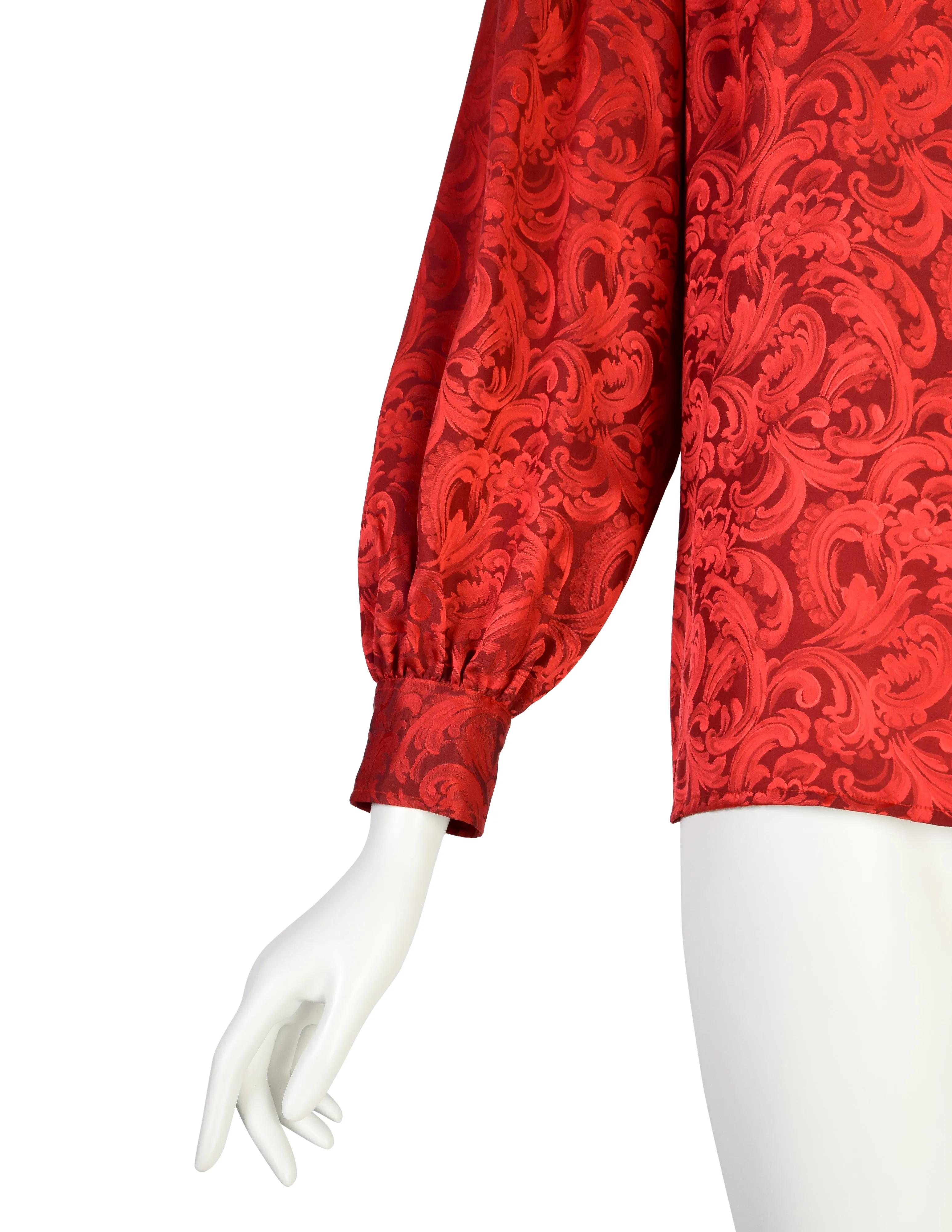 Yves Saint Laurent Vintage Red Baroque Jacquard Silk Lavalliere Bow Top